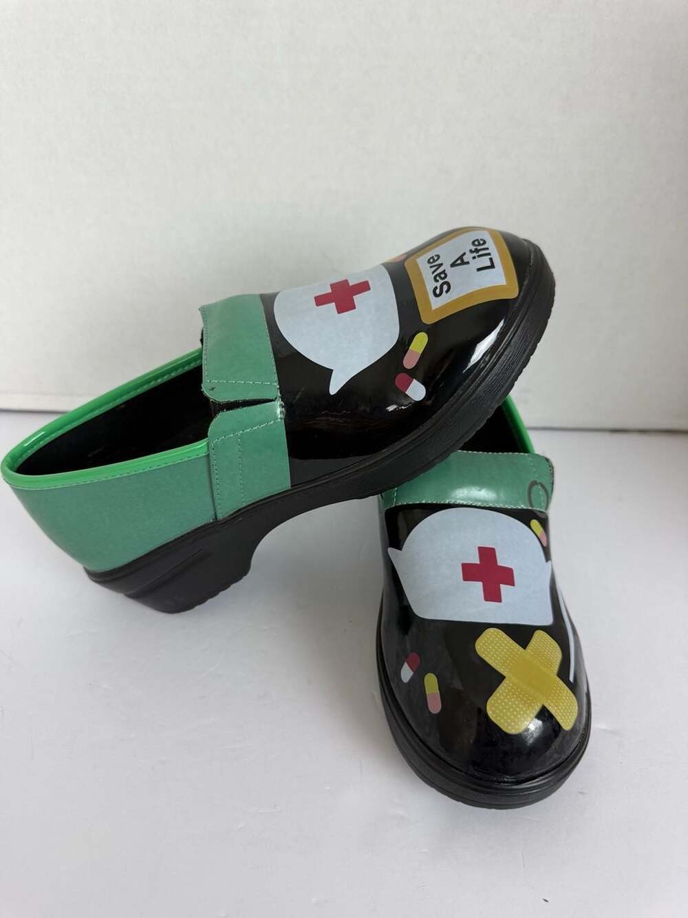 FABUL Nurse Clogs Black Nurse Theme Print Slip Resistant Medical Shoes